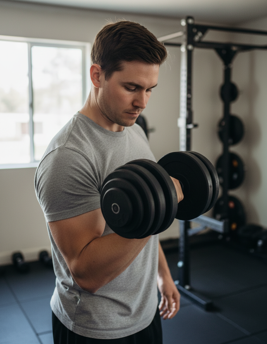 Person training at home with plate-loaded adjustable dumbbells
