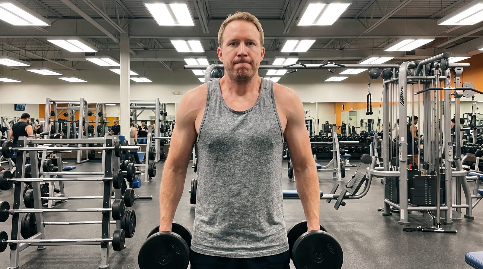 A man in a grey tank top doing a heavy dumbbell shrug in a gym, shoulders lifted toward his ears