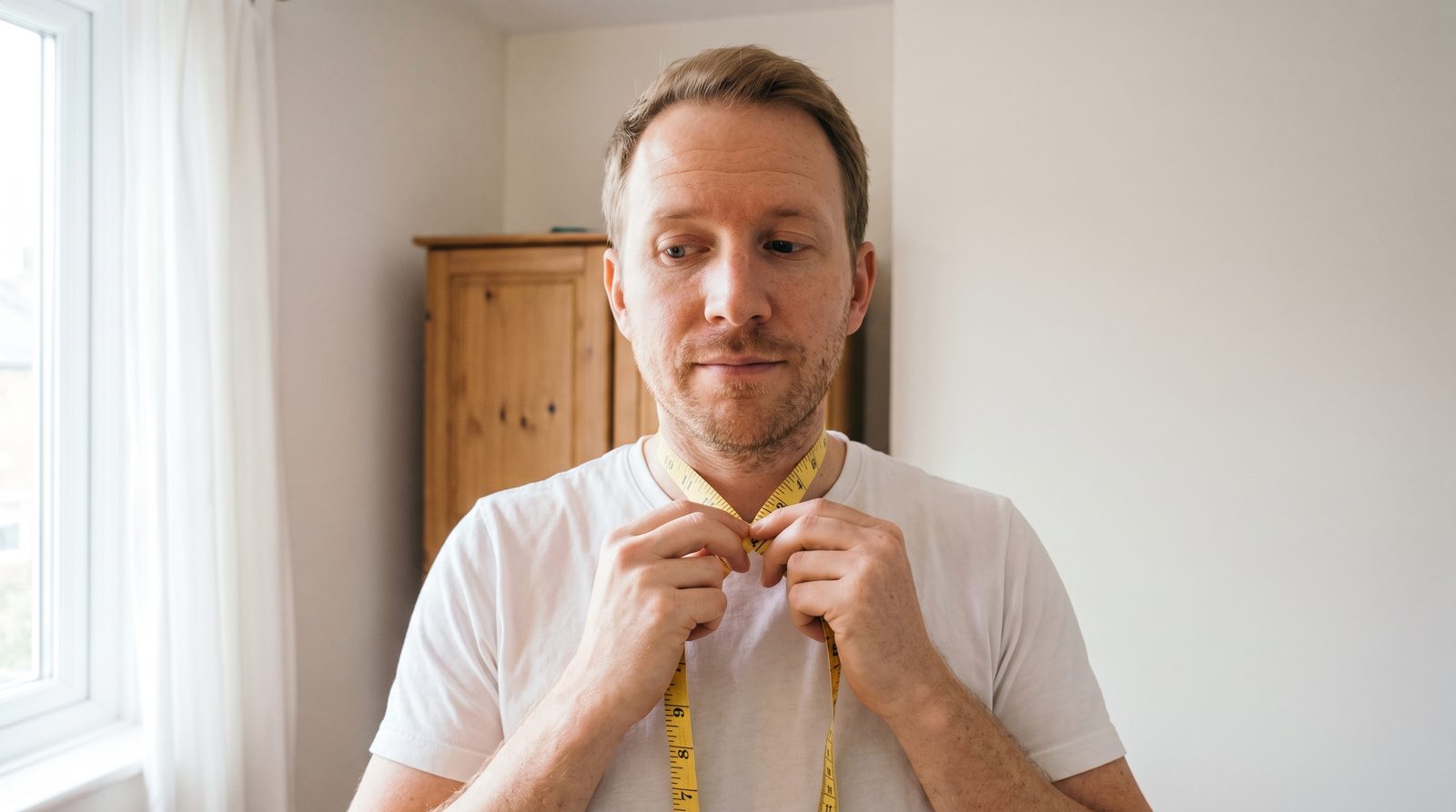 A man in a white t-shirt wrapping a yellow tailor's tape measure around his neck at home