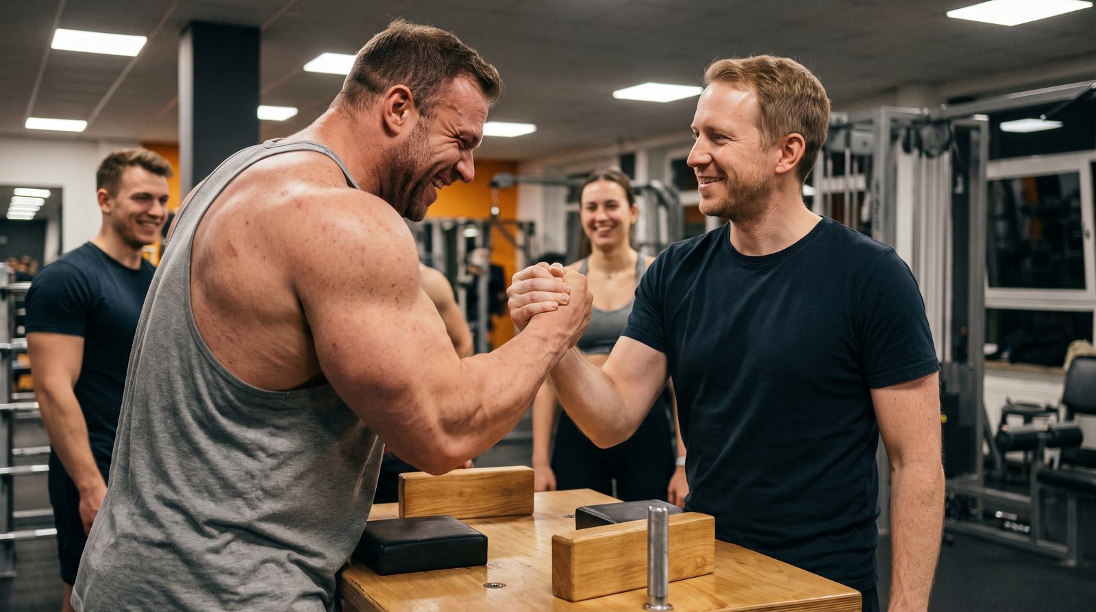A lean man in a navy t-shirt smiling as a much bigger, heavily muscled man laughs and grips his hand across an arm wrestling table in a gym
