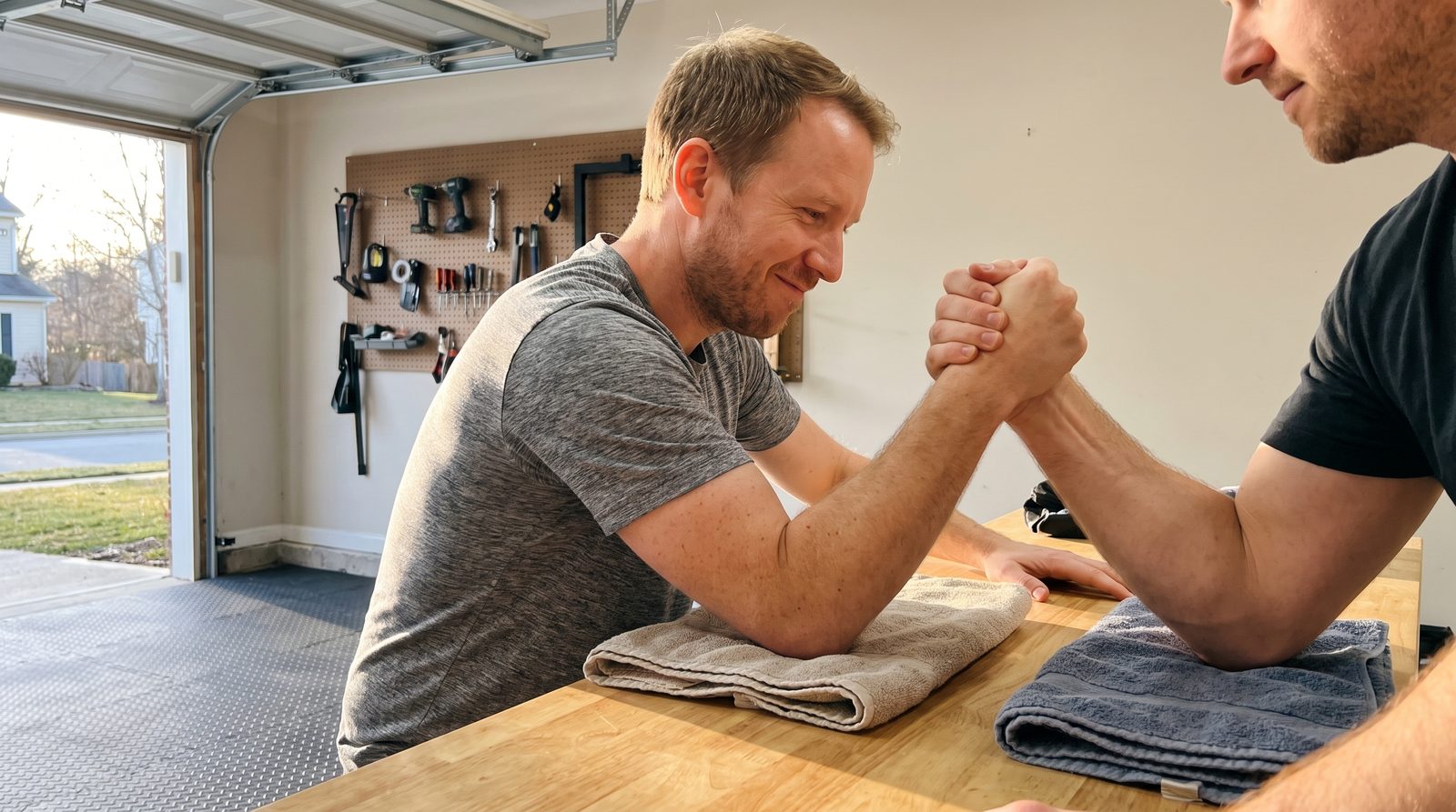 A man in a grey t-shirt grinning as he practices arm wrestling with a friend across a wooden workbench in a garage