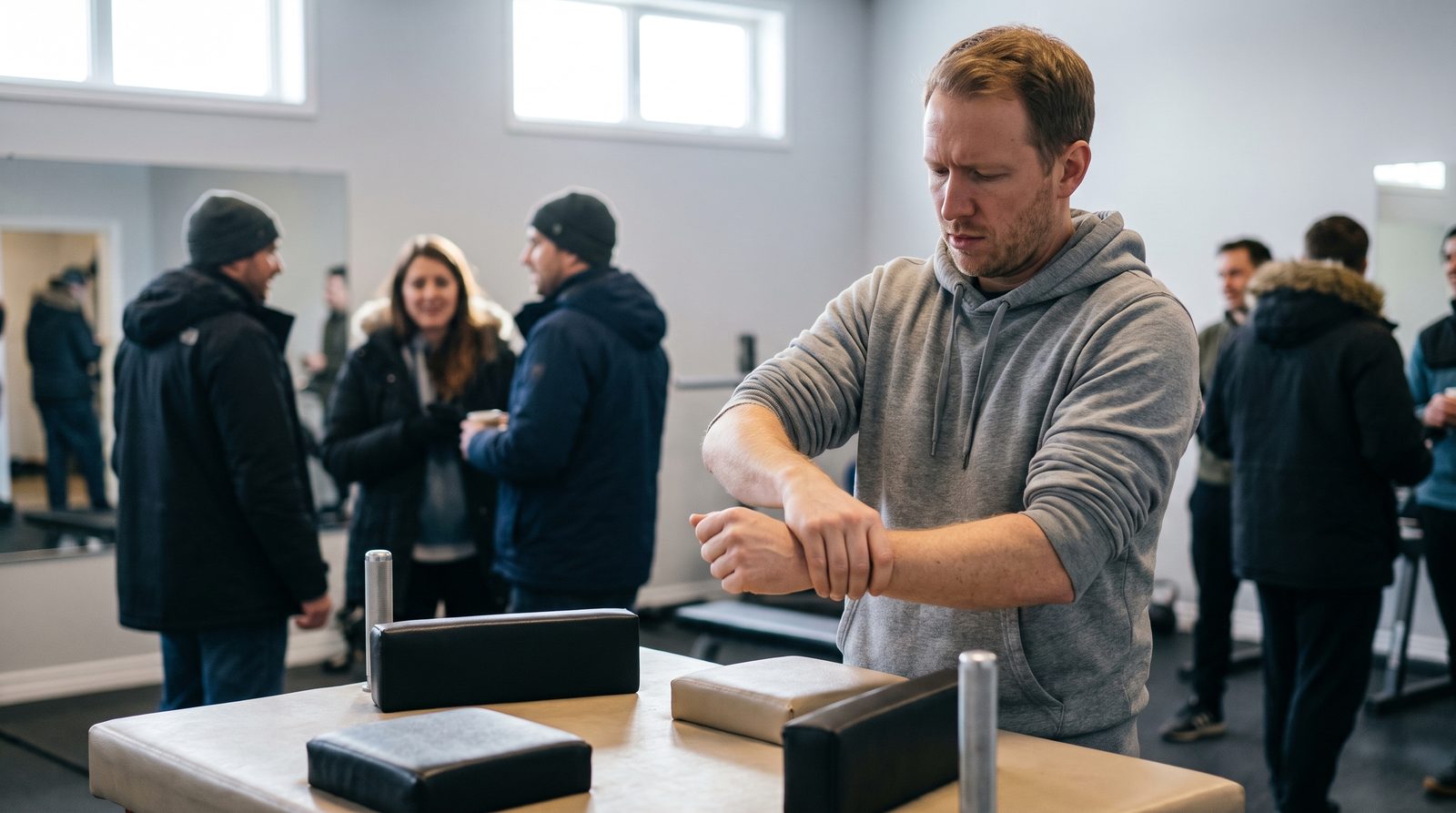 A man in a grey hoodie circling his wrist to warm up beside an arm wrestling table at a small local meet