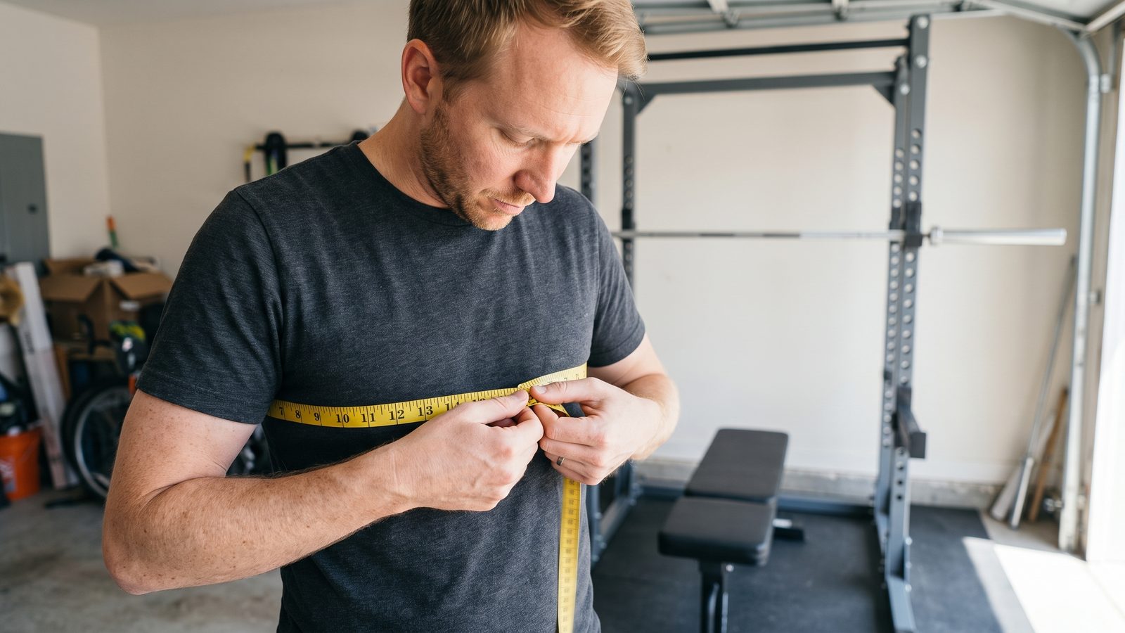 A man in a garage gym wrapping a yellow cloth tape measure around his chest at nipple height over a grey t-shirt, looking down to read it