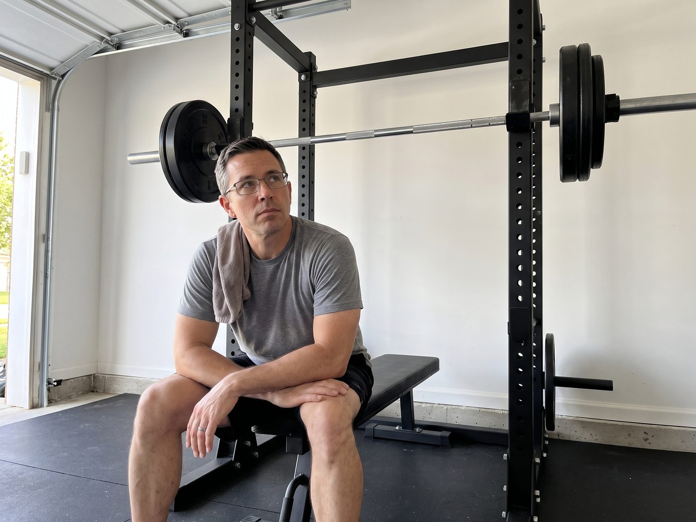 A man sitting on the end of a flat bench in a garage gym, towel over one shoulder, looking up at a barbell racked above him with two plates a side
