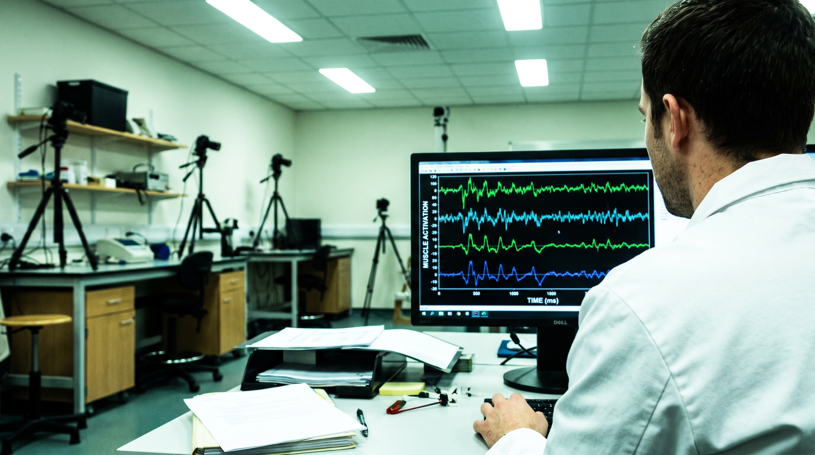 A researcher monitoring EMG readings on a screen while a participant performs a leg extension in a biomechanics lab