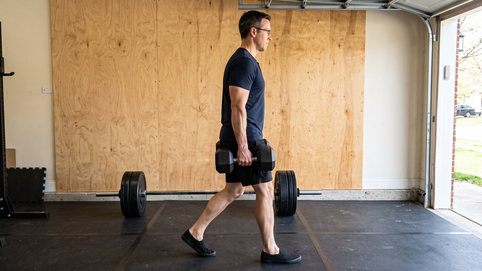 A man walking across a garage gym carrying a heavy dumbbell in each hand at his sides, arms straight, seen from the side
