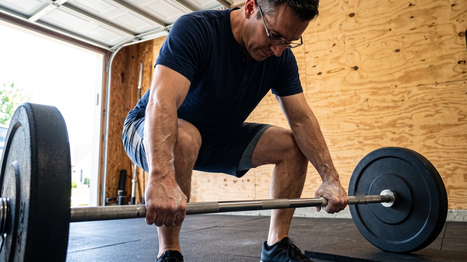 Low side view of a man crouched over a barbell in a garage gym, both hands closed around the bar just outside his shins, forearms tense