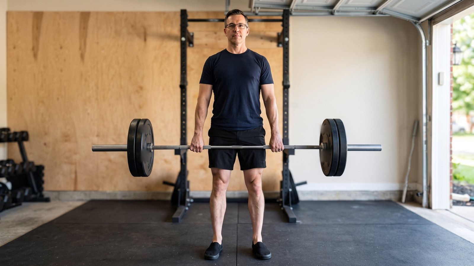 A man standing upright at the lockout of a deadlift in a garage gym, the loaded bar held in straight arms against his thighs, seen from the front