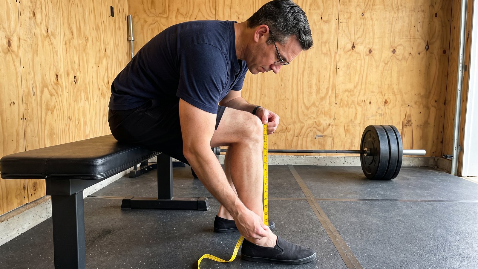 A man sitting on a flat bench in a garage gym, holding a yellow tape measure from the top of his kneecap down to the floor beside his shin