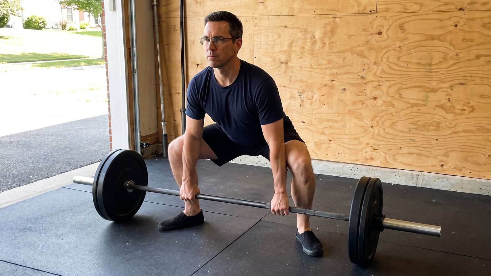 A man set up at the bottom of a sumo deadlift in a garage gym, feet wide with toes turned out, hands inside his knees, torso upright, seen from the front