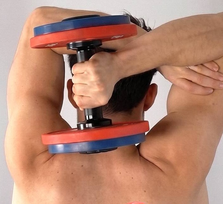 The same overhead triceps extension with a flush-ended plate-loaded dumbbell that clears the lifter's neck