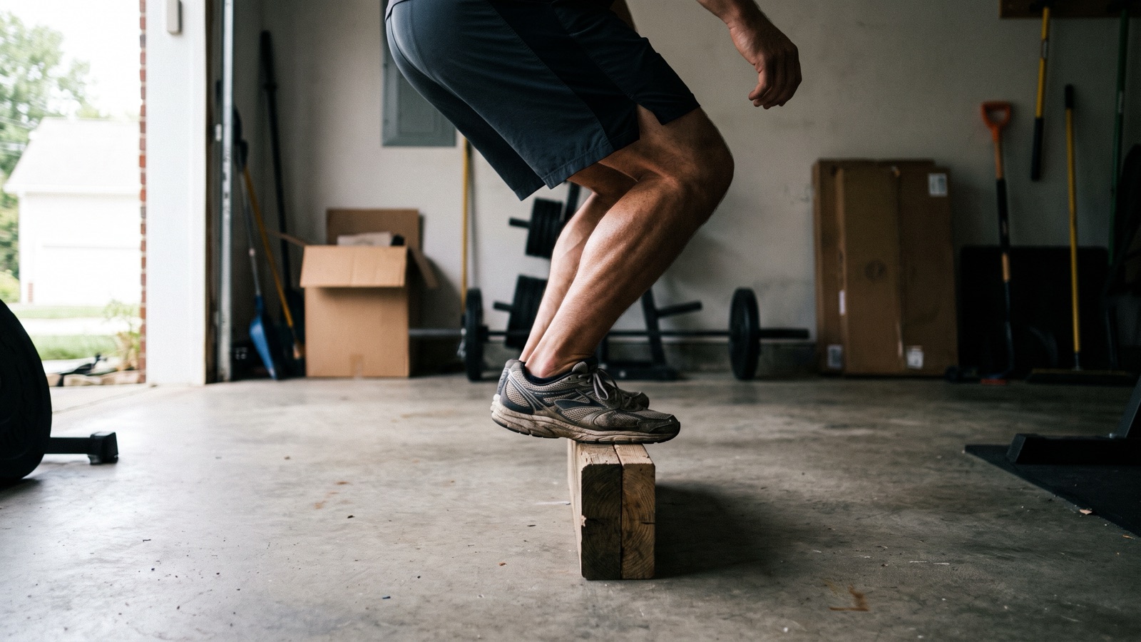 A man in shorts and running shoes at the top of a standing calf raise on a wooden block in a garage gym, both heels lifted and calf muscles contracted