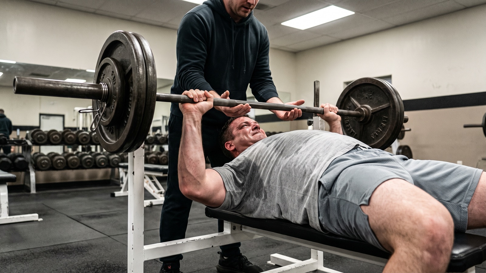 A man straining under a loaded barbell on a bench press while a training partner stands behind the bench with both hands close under the bar