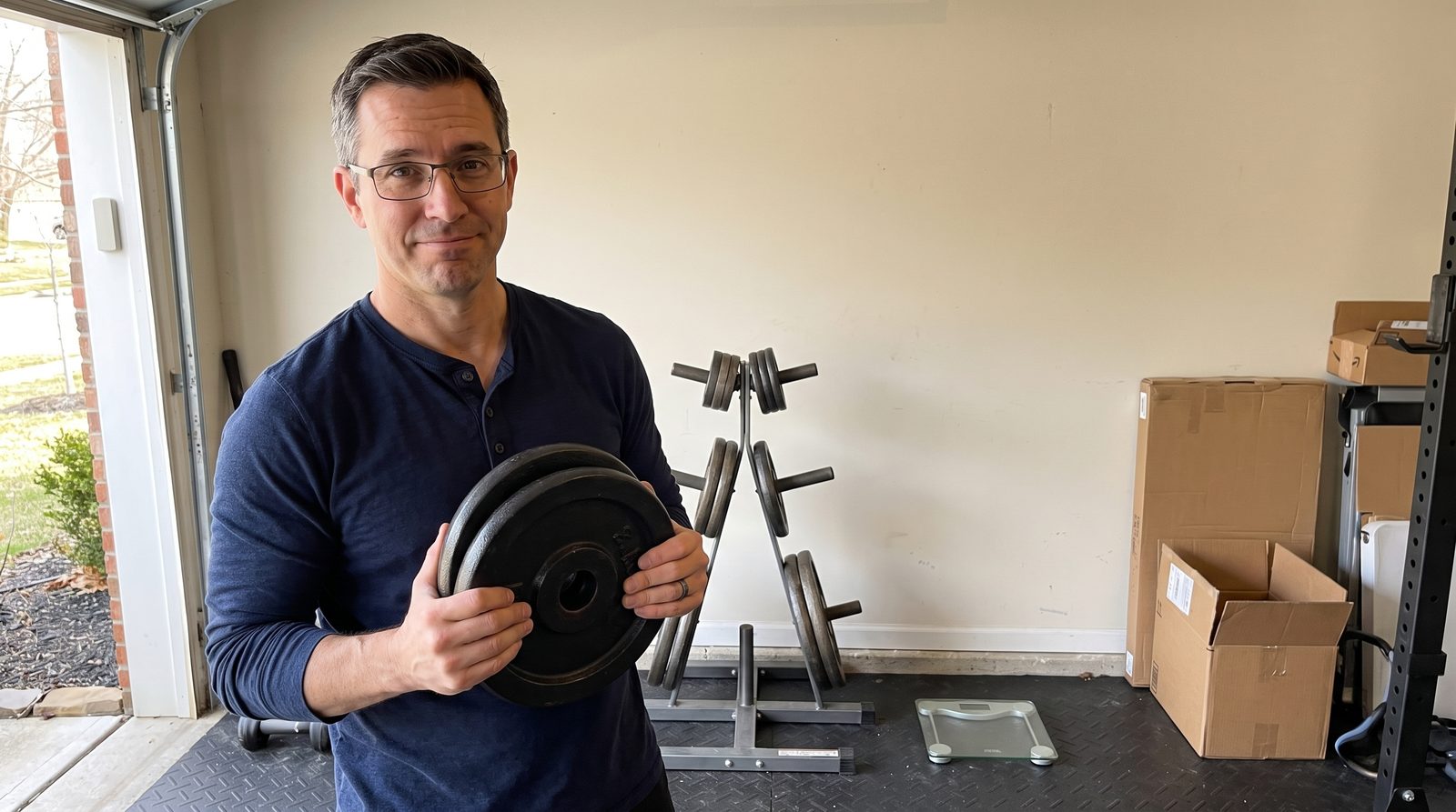 A man in his forties in a garage gym holding two cast-iron weight plates against his chest, a bathroom scale on the floor beside his feet