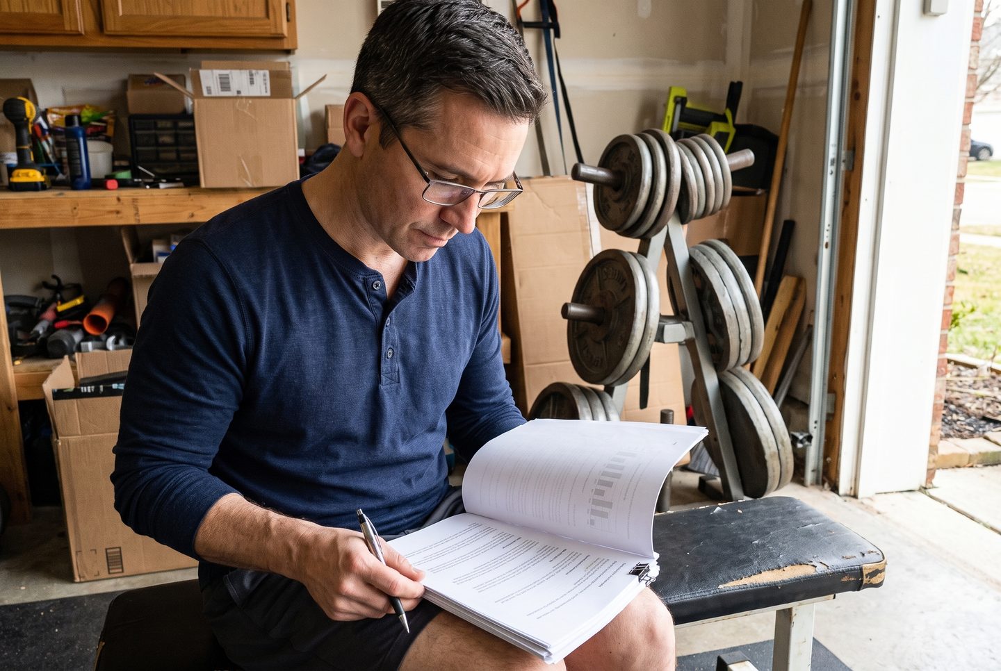 A man in his forties sitting on a flat bench in a garage gym reading a stapled research paper with a pen in his hand