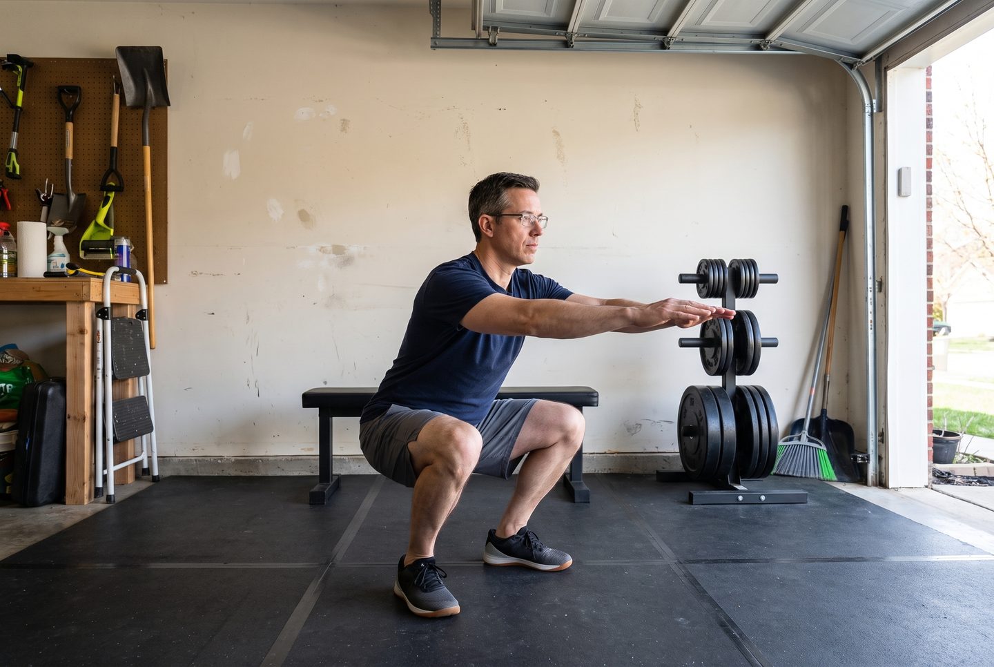 A man in his forties at the bottom of a bodyweight squat on a rubber garage floor, arms out for balance, a bench and plate tree behind him