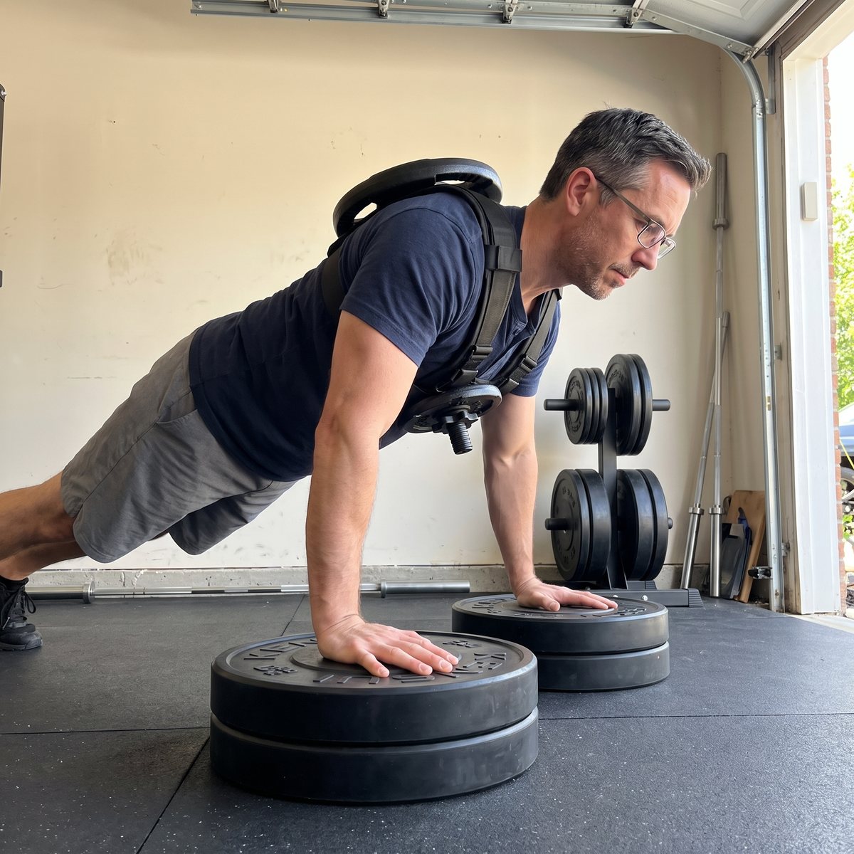 A man in his forties in a garage gym at the top of a push-up with his hands on stacked bumper plates, wearing a Kensui EZ-VEST with a plate on the back post