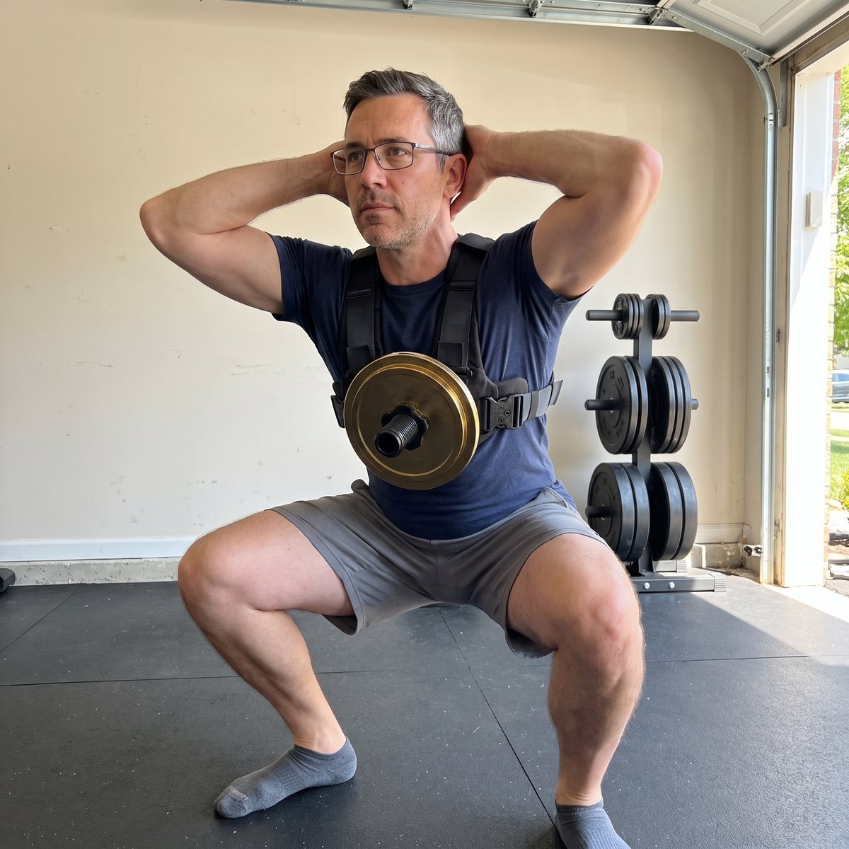 A man in his forties at the bottom of a deep squat in a garage gym, hands behind his head, wearing a Kensui EZ-VEST loaded with a single gold plate on the chest post