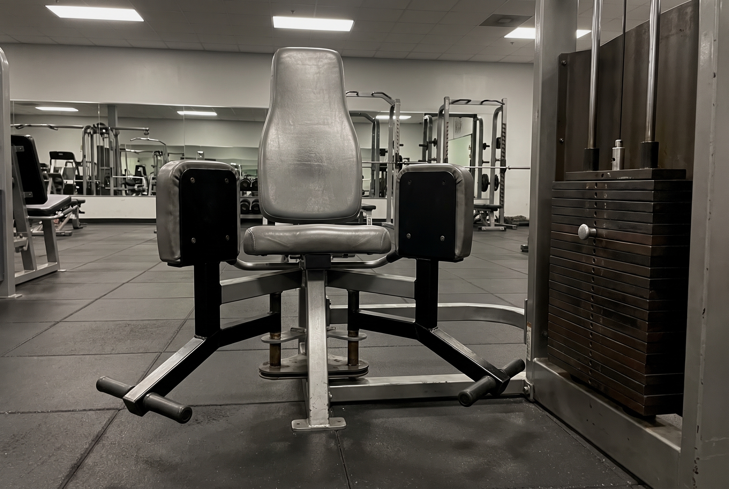An empty seated hip abduction machine with a selectorised weight stack in a commercial gym