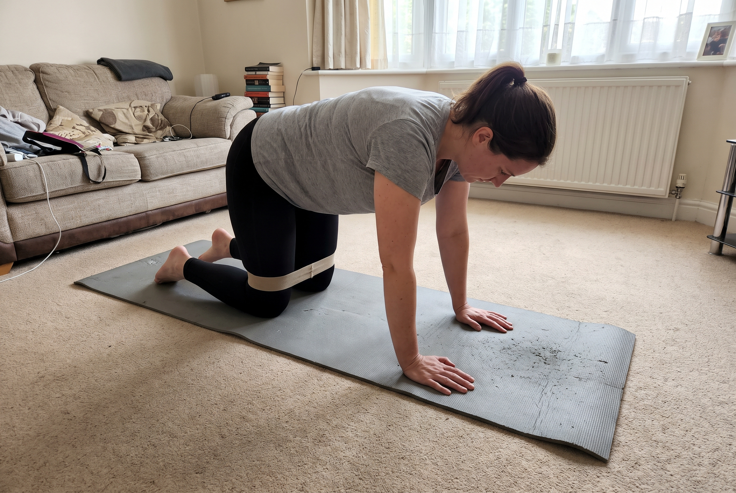 A woman kneeling on an exercise mat at the start of a kickback, with the fabric loop band around her thighs hanging slack