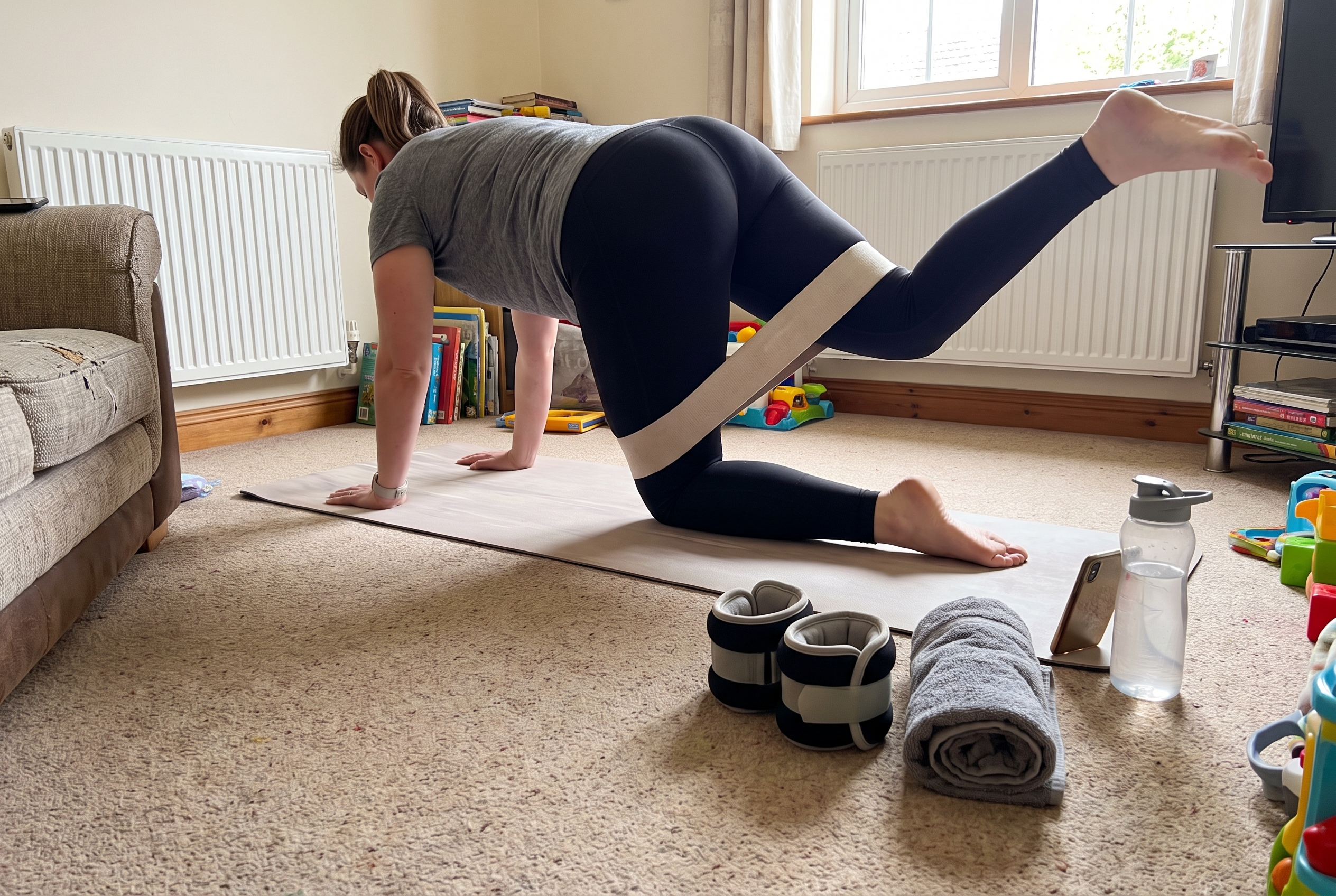 A woman doing a banded kickback on a mat in a living room, with a pair of soft ankle weights on the carpet beside her