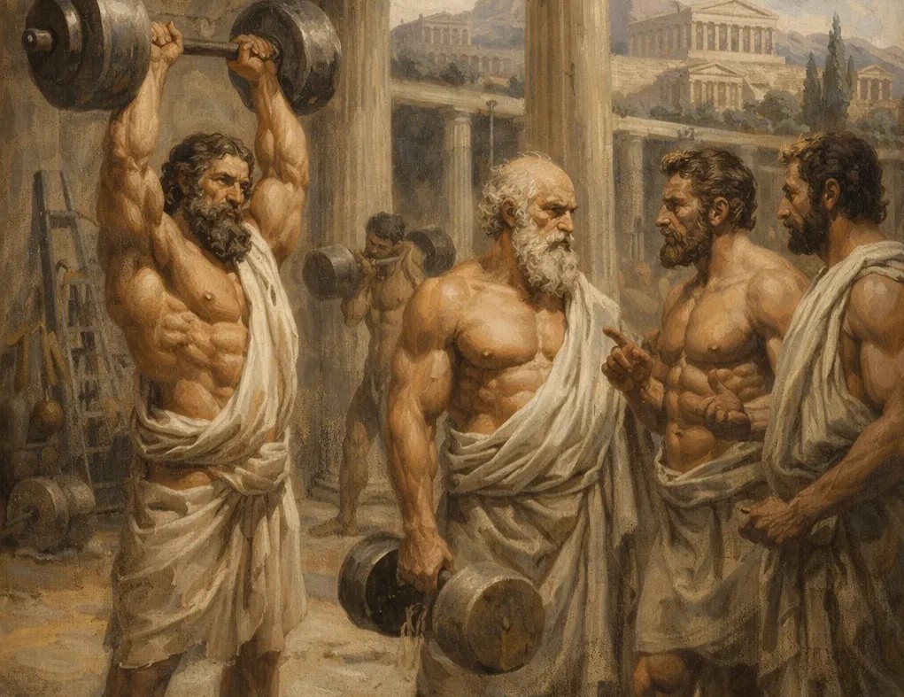 An oil painting style illustration of bearded men training with a barbell and dumbbells in a classical Greek gymnasium
