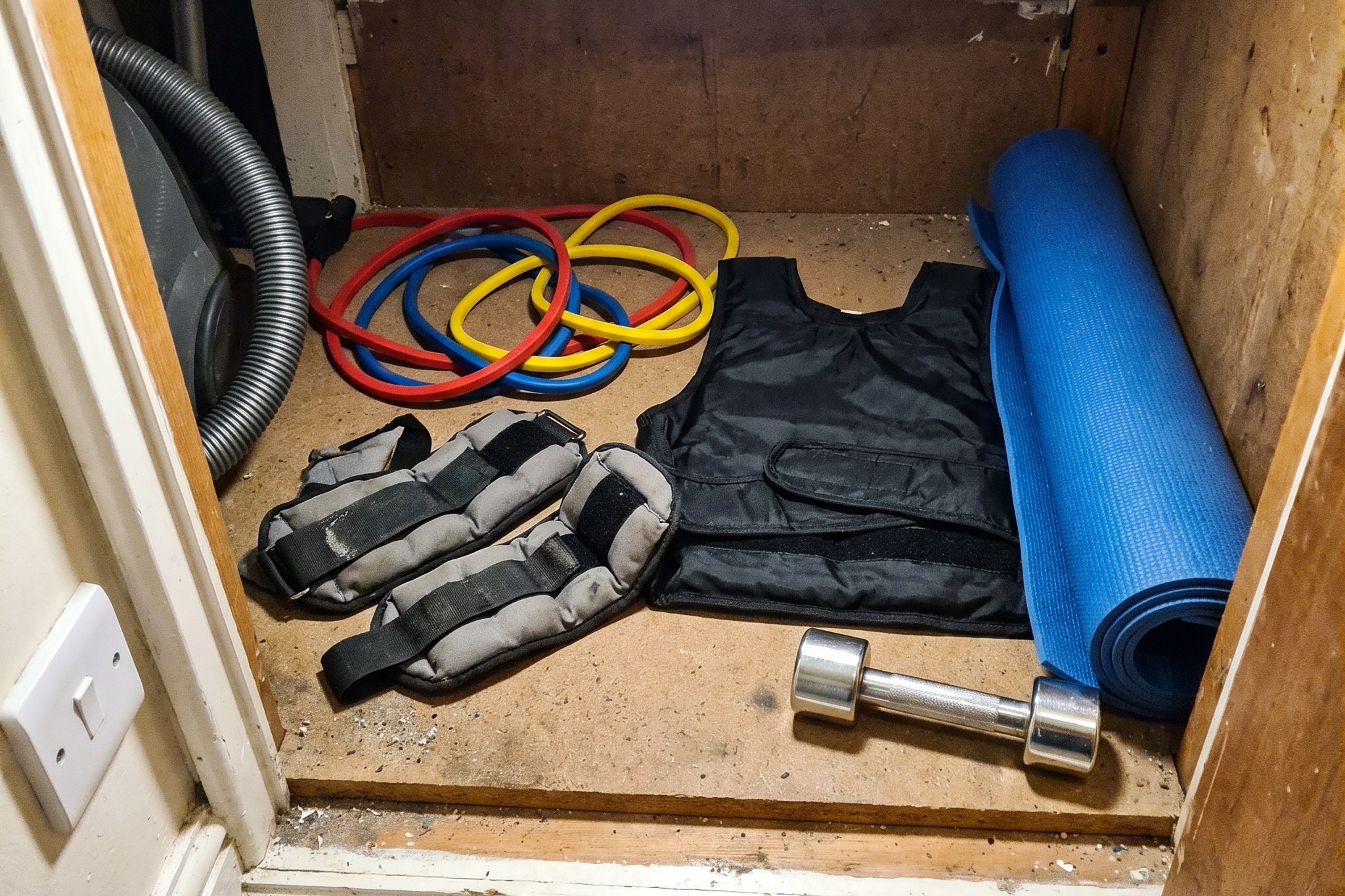 Resistance bands, ankle weights, a collapsed nylon weighted vest, a chrome dumbbell and a rolled mat in a dusty cupboard