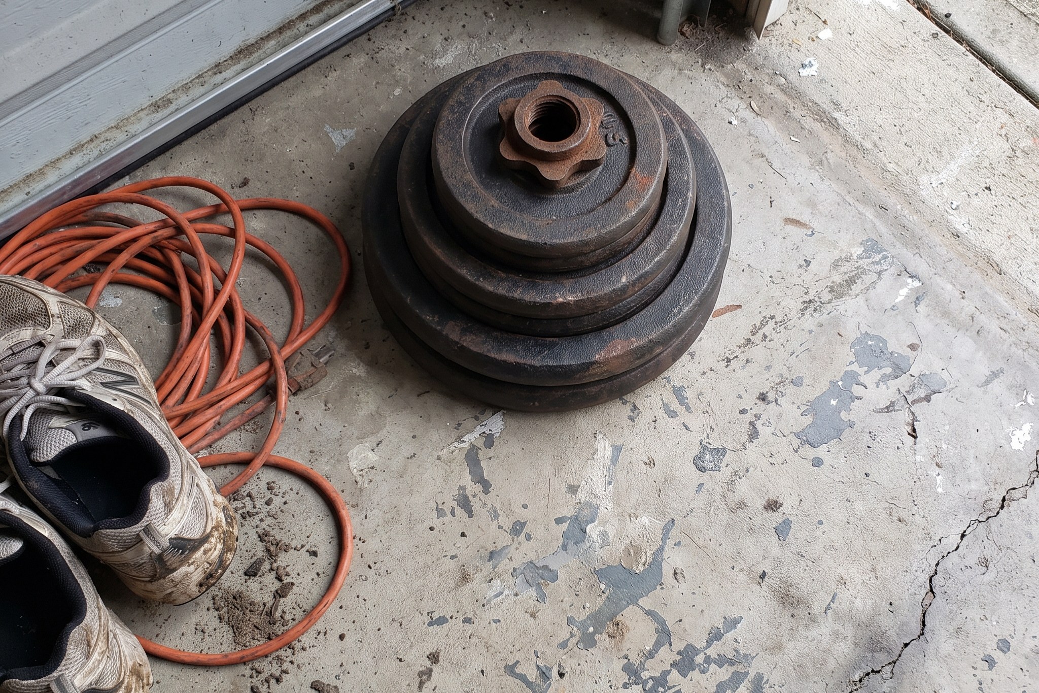 A short stack of cast iron weight plates and a threaded collar on a garage floor