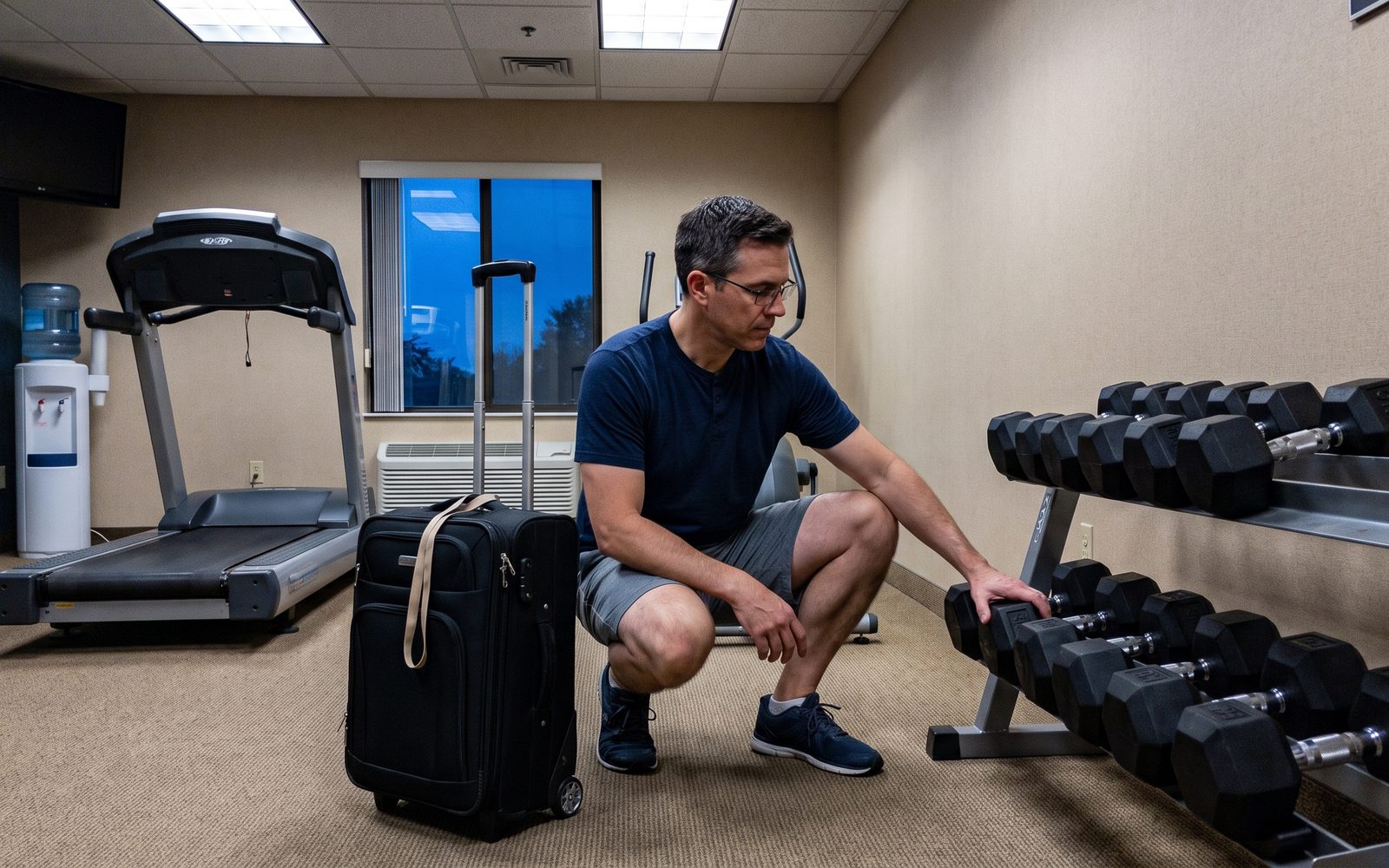 A man in glasses crouched at the end of a short hotel gym dumbbell rack with his hand on the last pair, a rolling cabin suitcase beside him