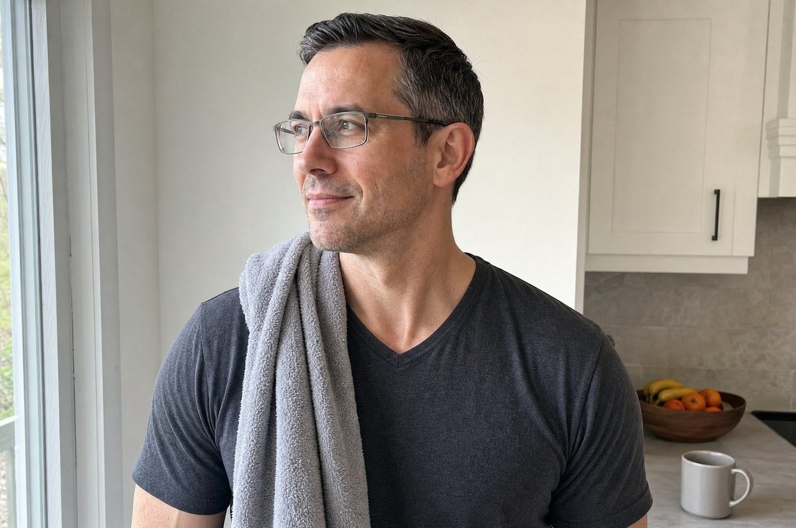 The author in his kitchen after a morning session, towel over one shoulder, head turned so the line of his jaw from ear to chin is clearly visible