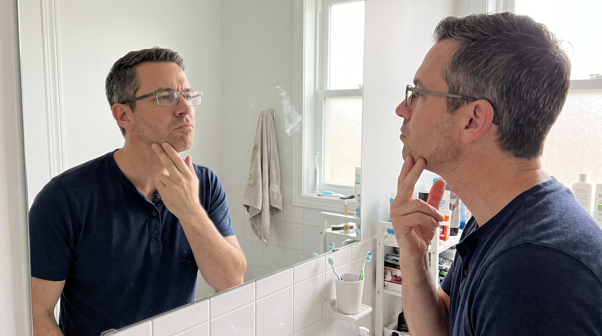 A man in glasses checking the line of his jaw in a bathroom mirror, two fingers pressed along his chin