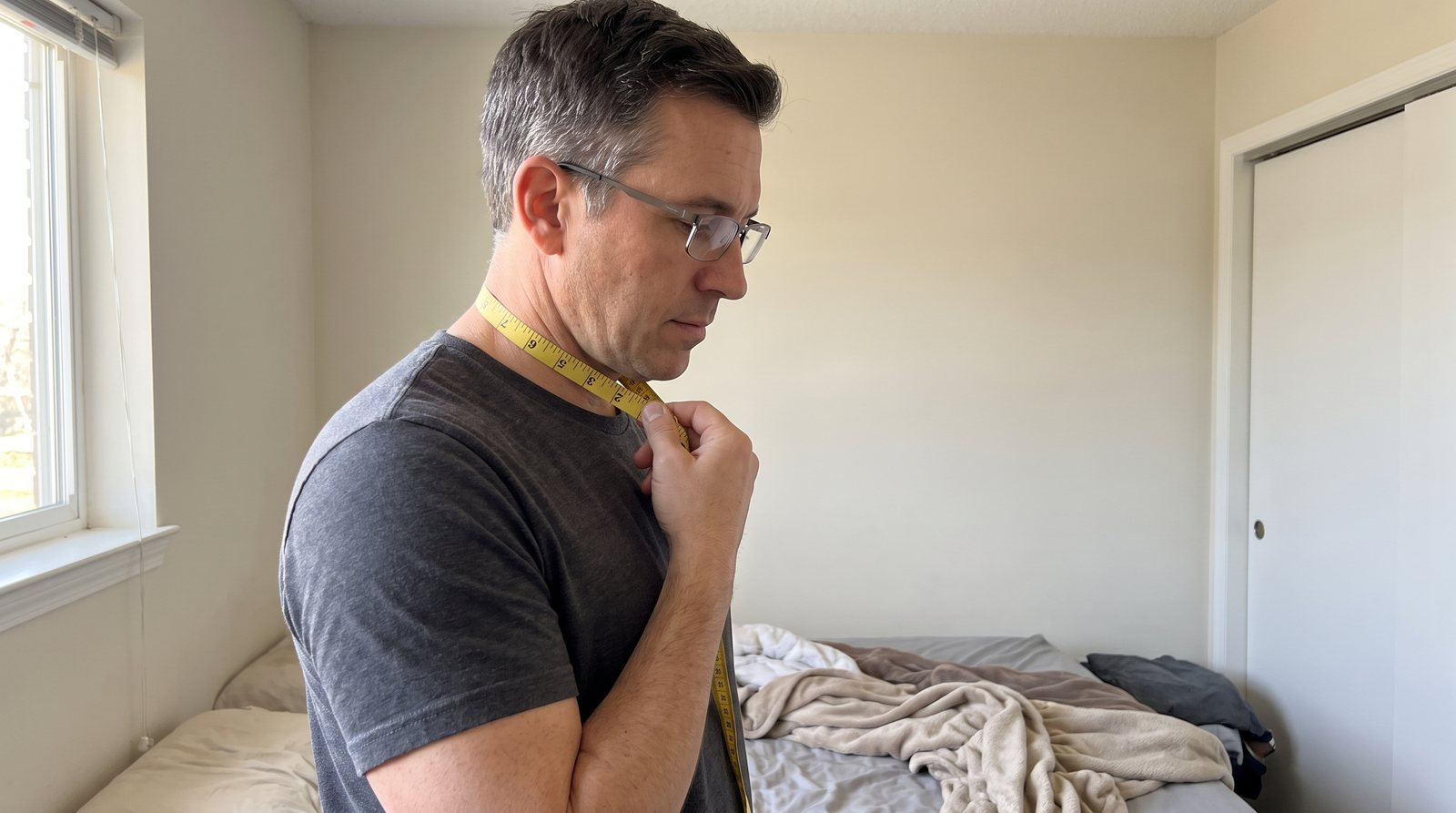 A man in a grey t-shirt in his bedroom, a yellow tape measure wrapped around his neck under the jaw, checking it from the side