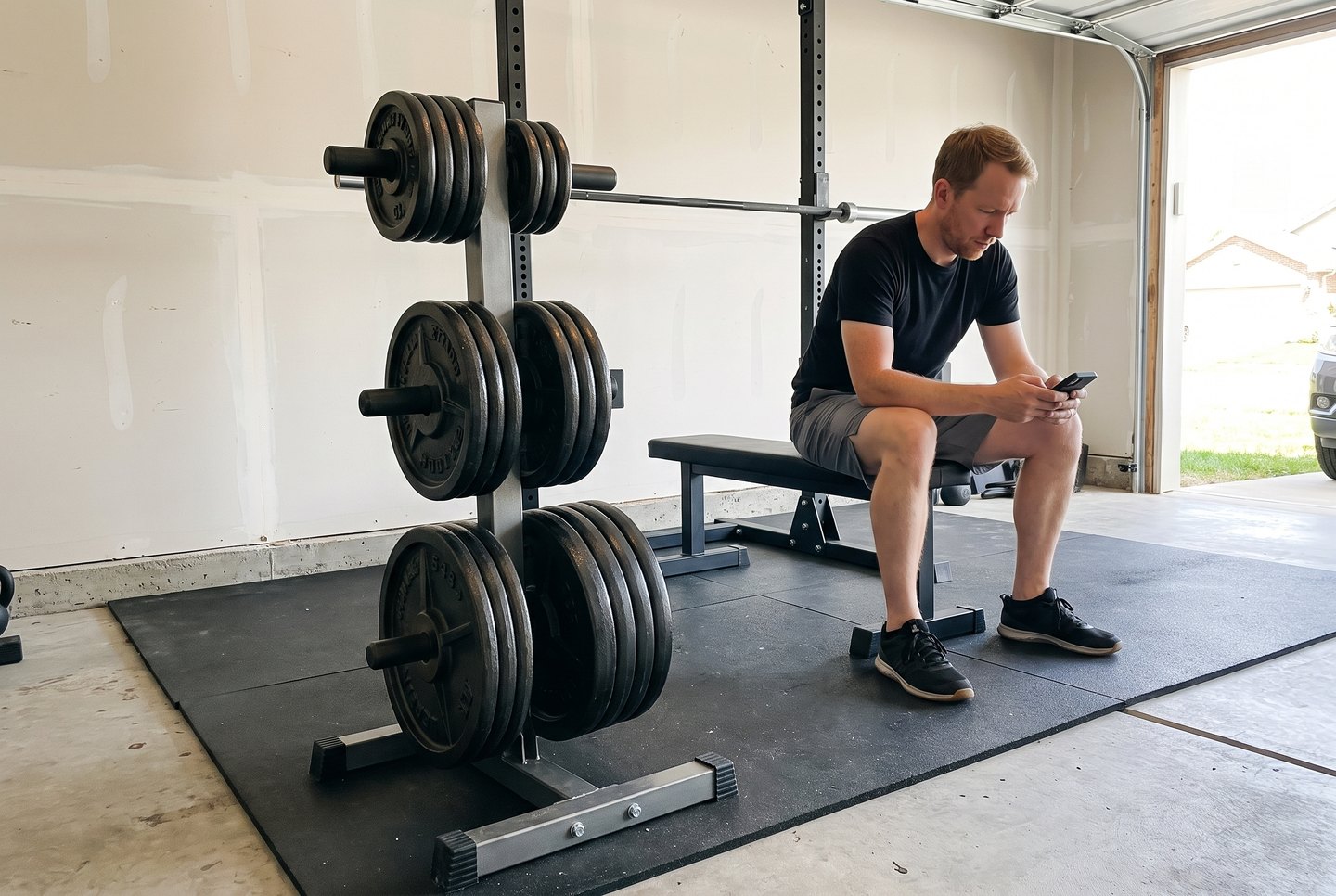 A man sitting on a flat bench in a garage gym between sets, typing into his phone beside a loaded plate tree