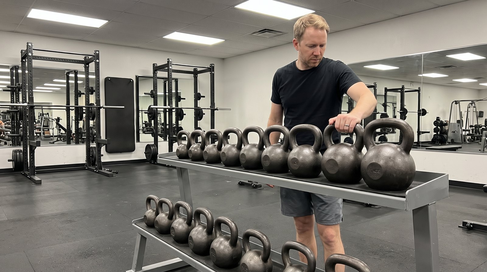 A man in a black t-shirt standing at a two-tier gym rack holding a full row of cast-iron kettlebells that climb from small to very large