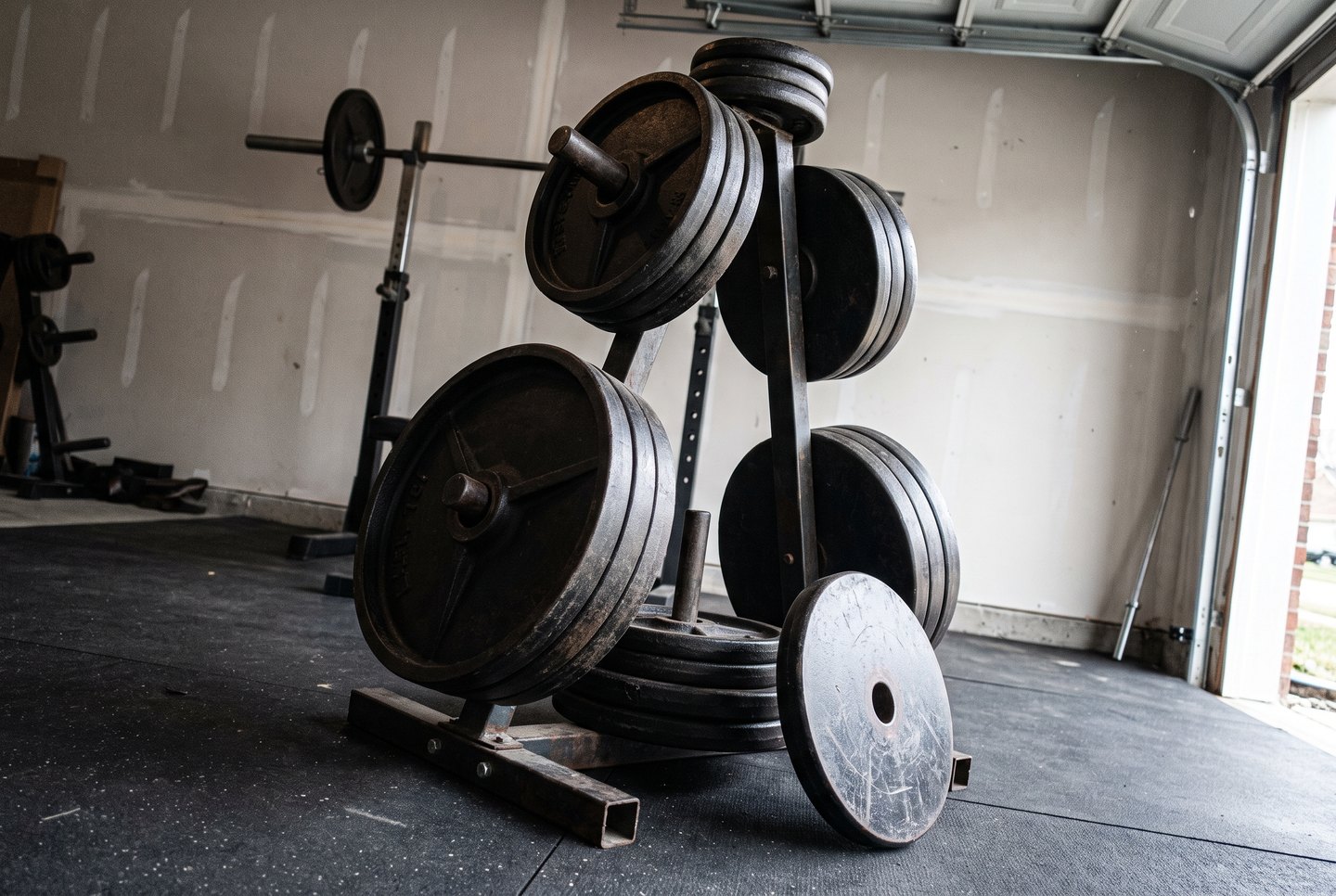 A steel plate tree in a garage gym loaded with cast-iron Olympic plates, one plate leaning against its base