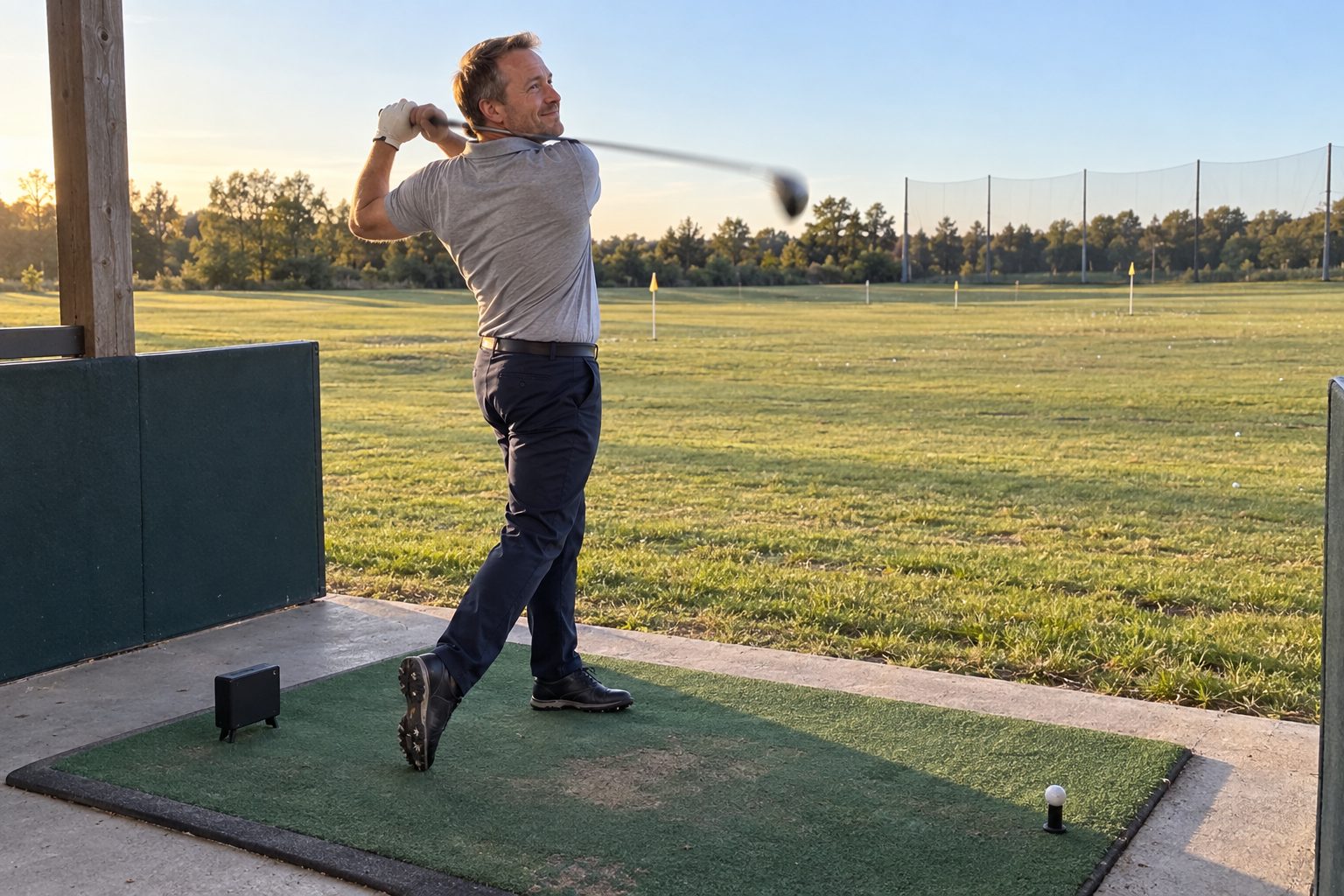 The author at the finish of a driver swing on a range mat, a small black launch monitor on the mat behind him