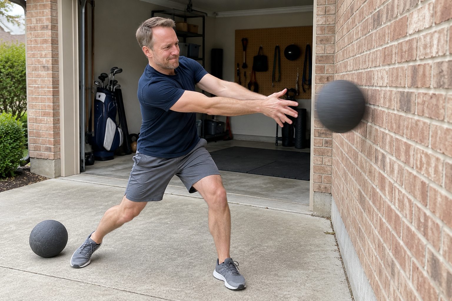 The author throwing a medicine ball sideways against the brick wall outside his garage