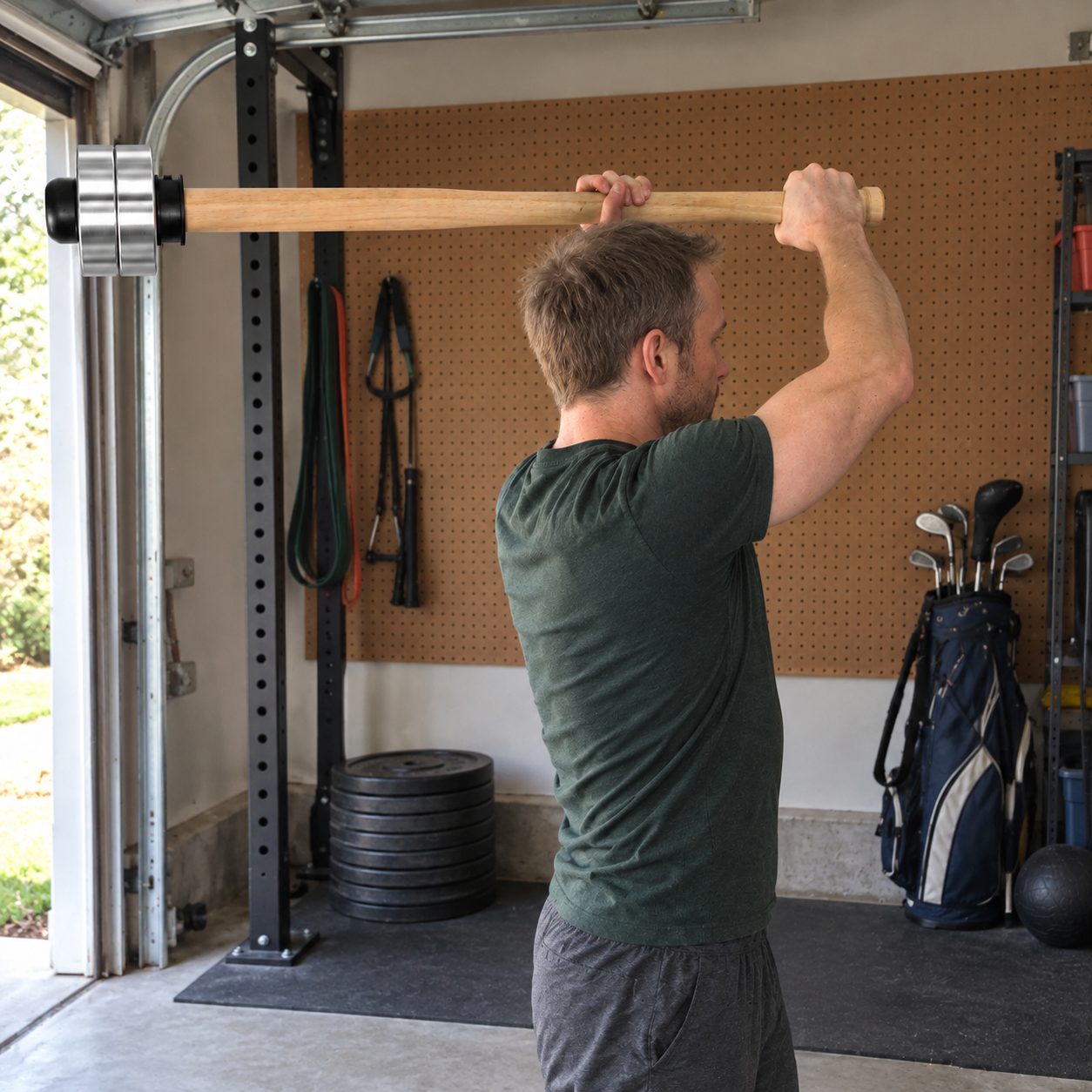 The author in his garage holding the wooden mace overhead, seen from the side