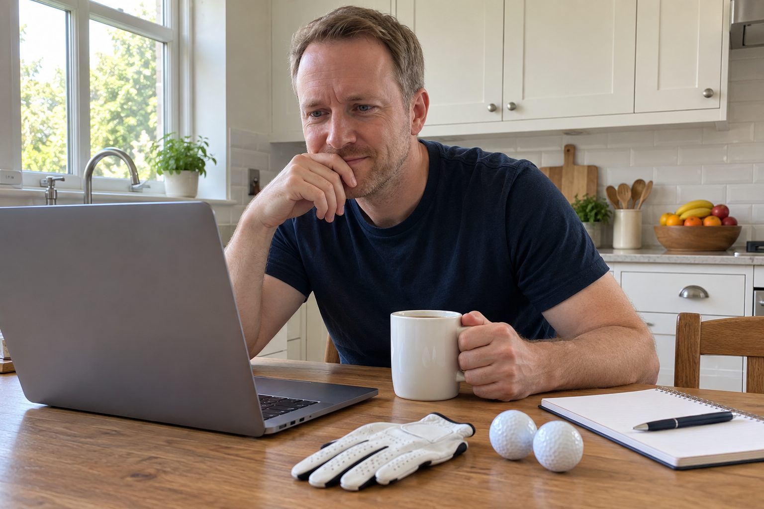 The author at his kitchen table with a coffee, reading on a laptop, a golf glove and two balls beside him