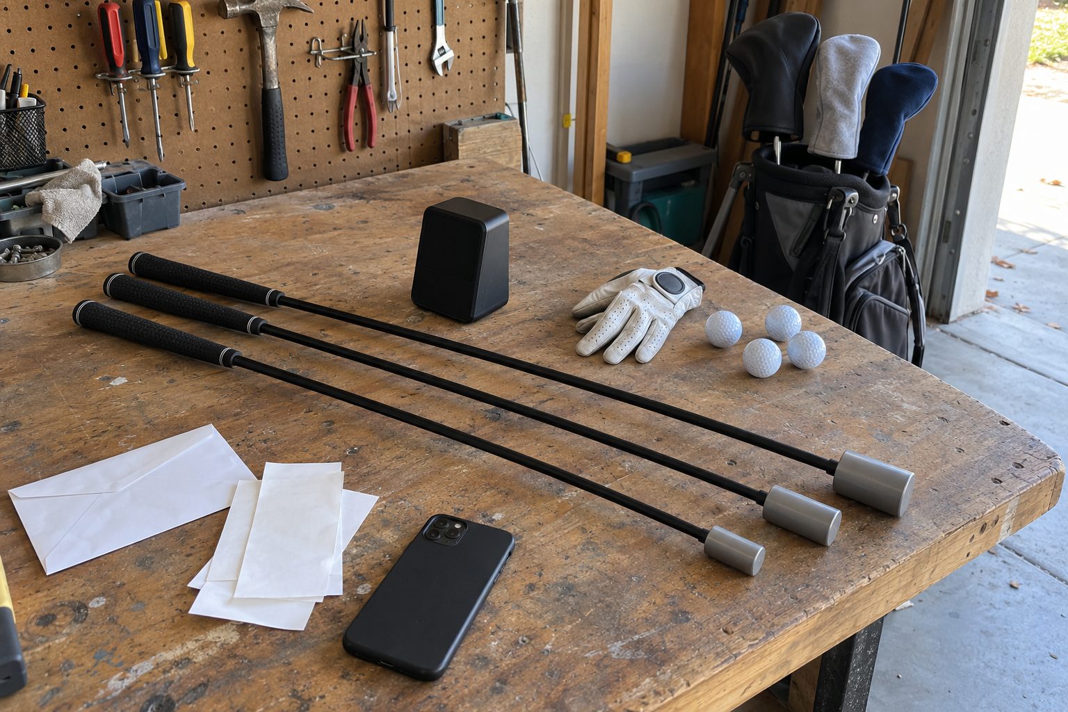 Three golf speed training sticks, a small launch monitor, a glove, golf balls and blank receipts on the author's garage workbench