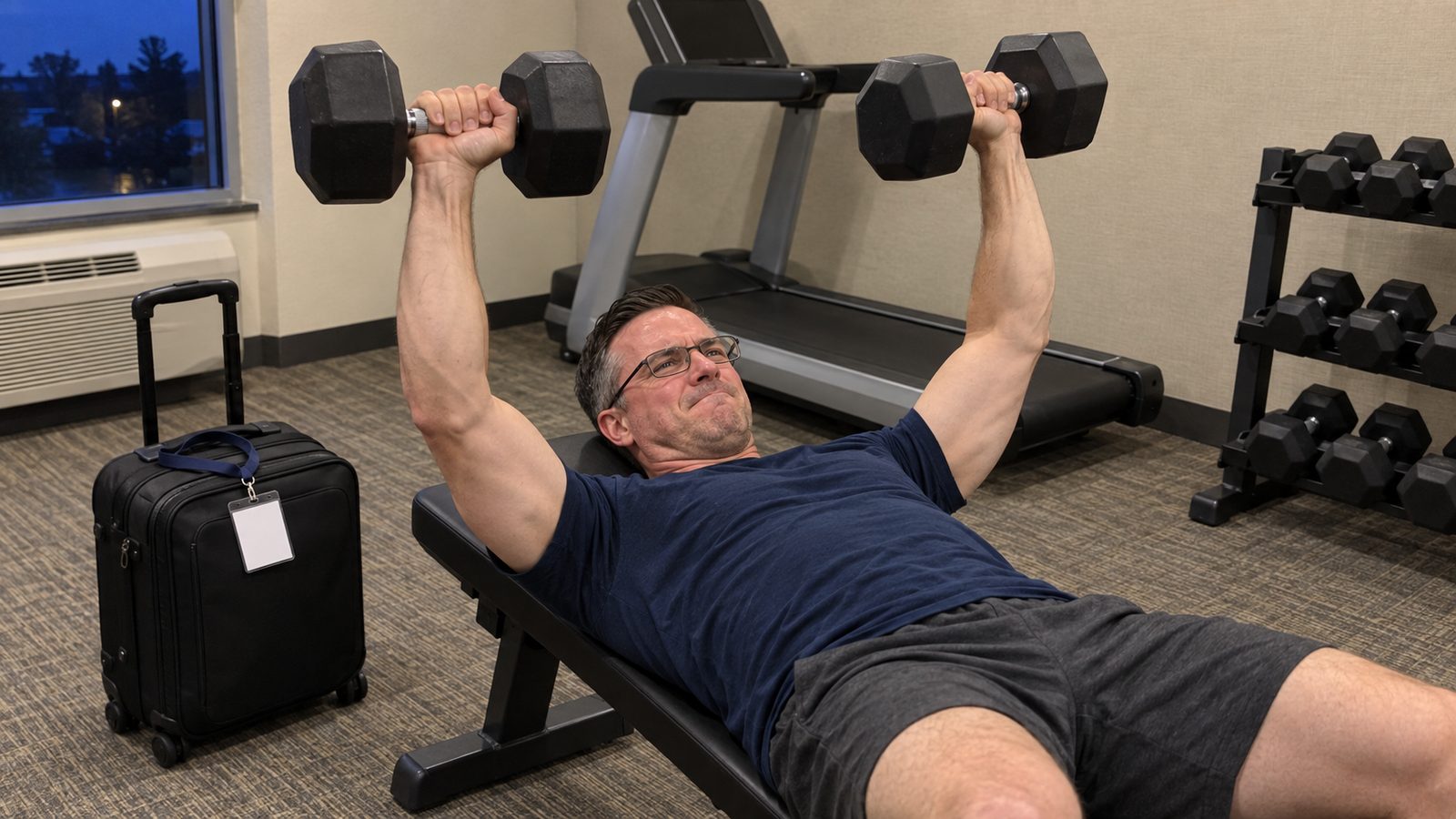 A man in glasses presses two heavy dumbbells on a bench in a small hotel gym before sunrise, a carry-on suitcase beside him