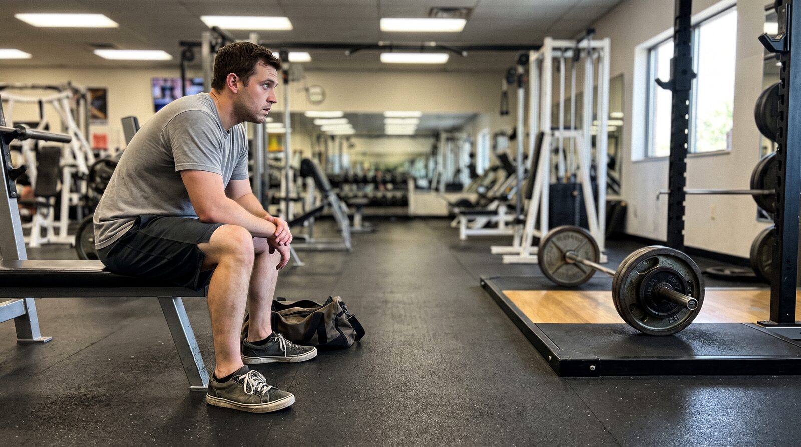 A man sits on a gym bench beside his bag, looking across at a loaded barbell