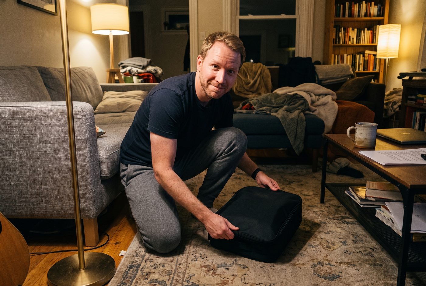 The writer kneeling in his living room, pulling a black carry bag out from beside the couch