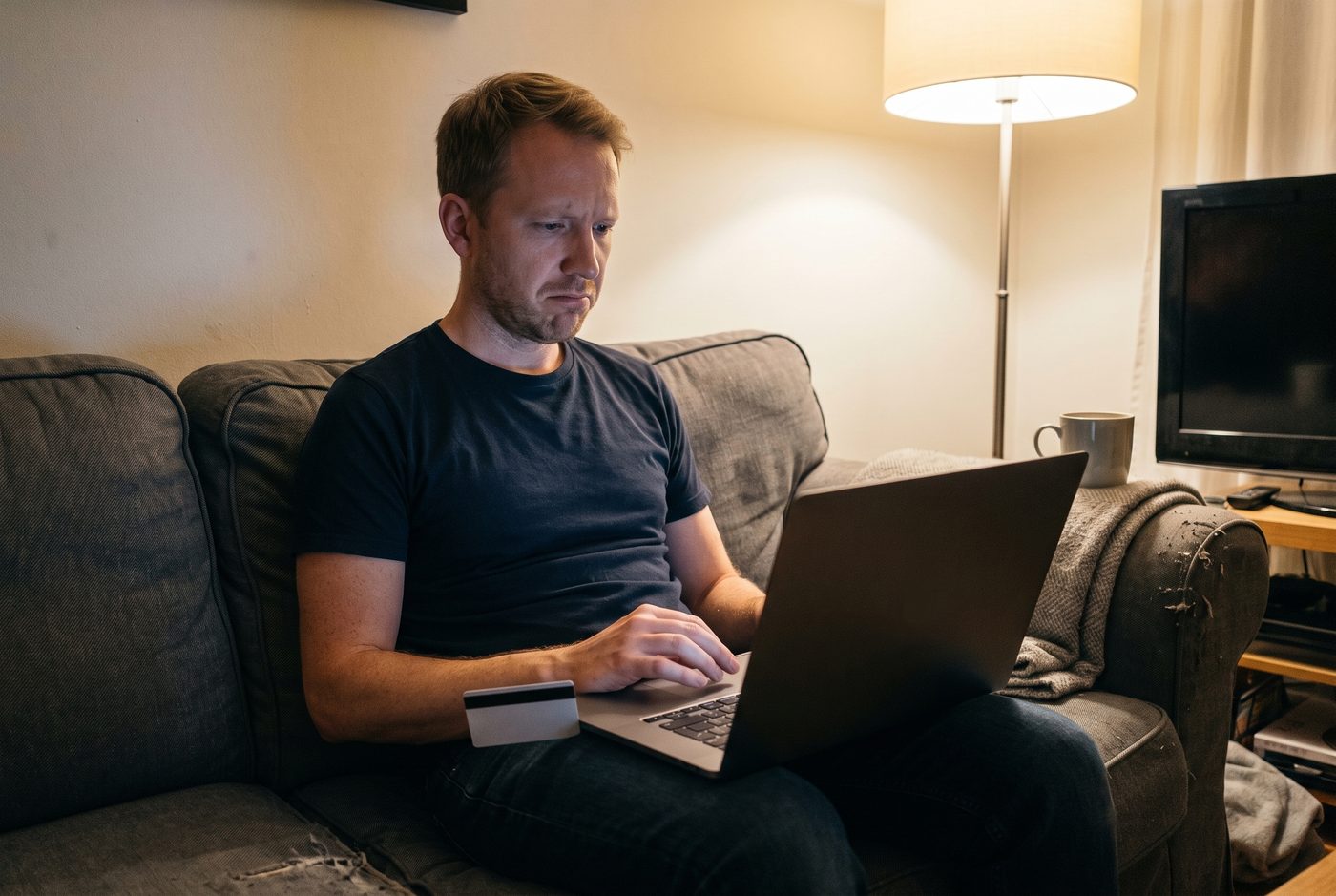The writer on his couch late in the evening with a laptop on his knees and a bank card in his hand, still reading