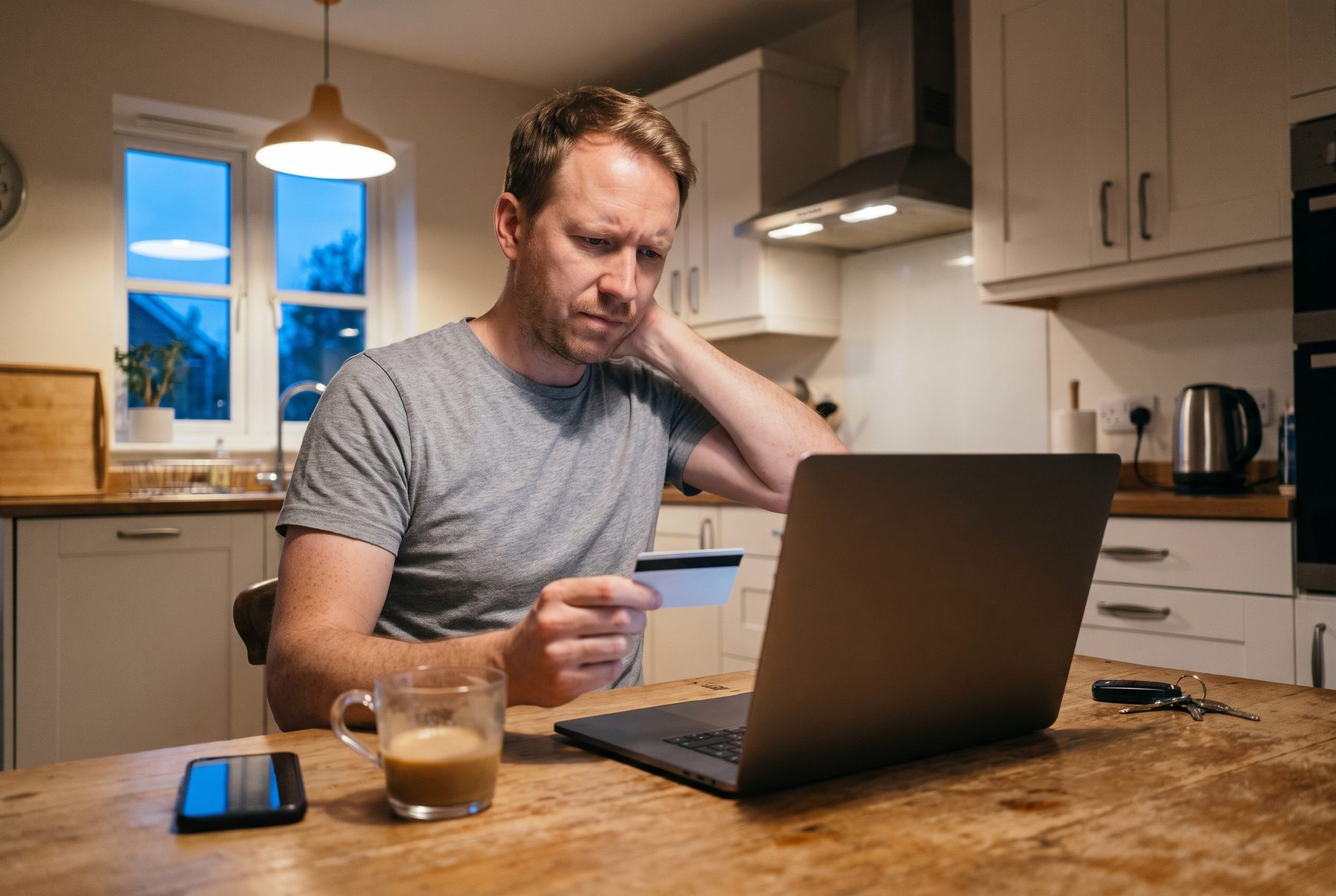 A man at his kitchen table in the evening, holding a bank card and rubbing the back of his neck, hesitating in front of an open laptop