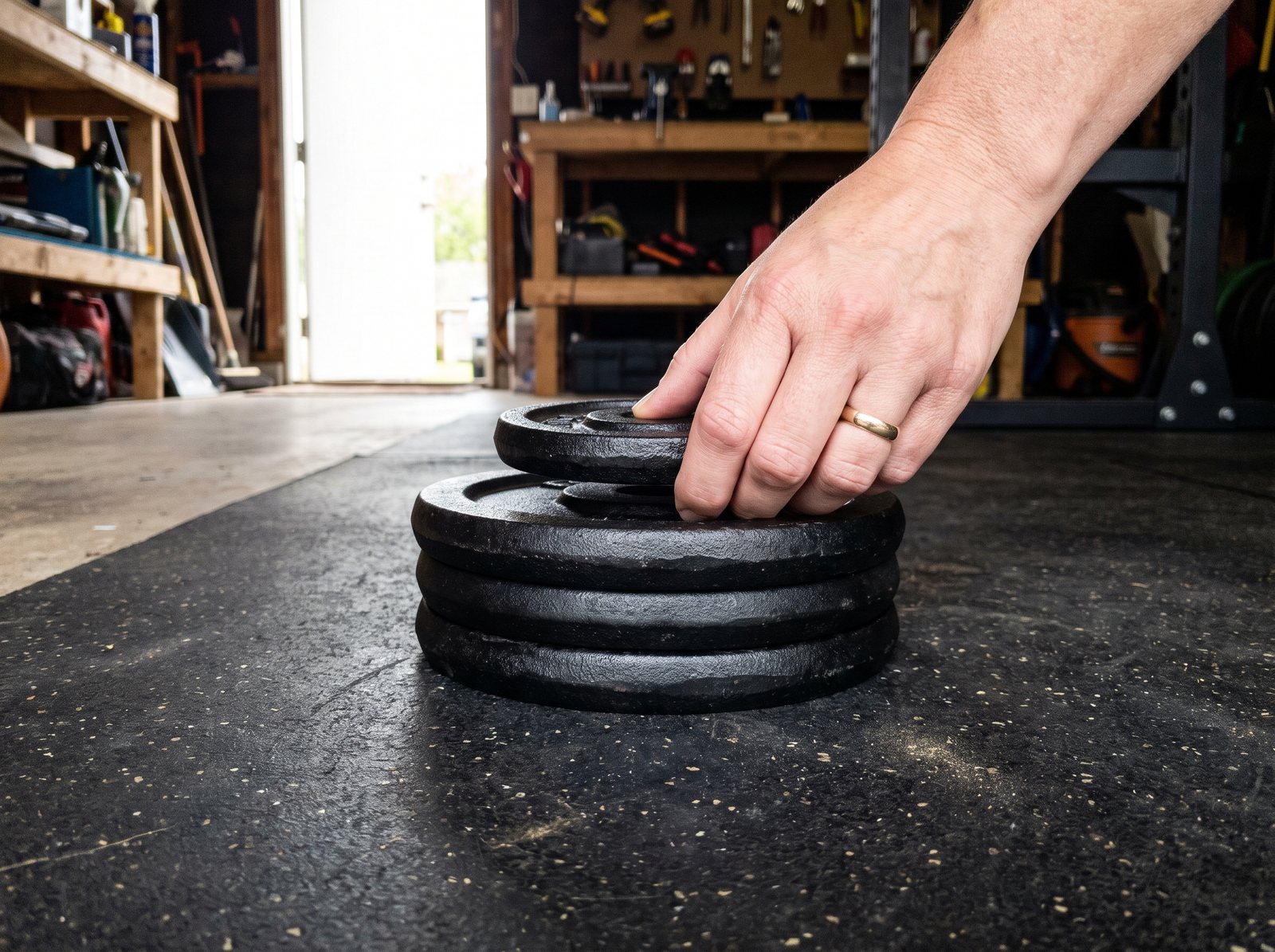 A woman's hand placing a small cast iron plate on top of a short stack of plates on a garage floor