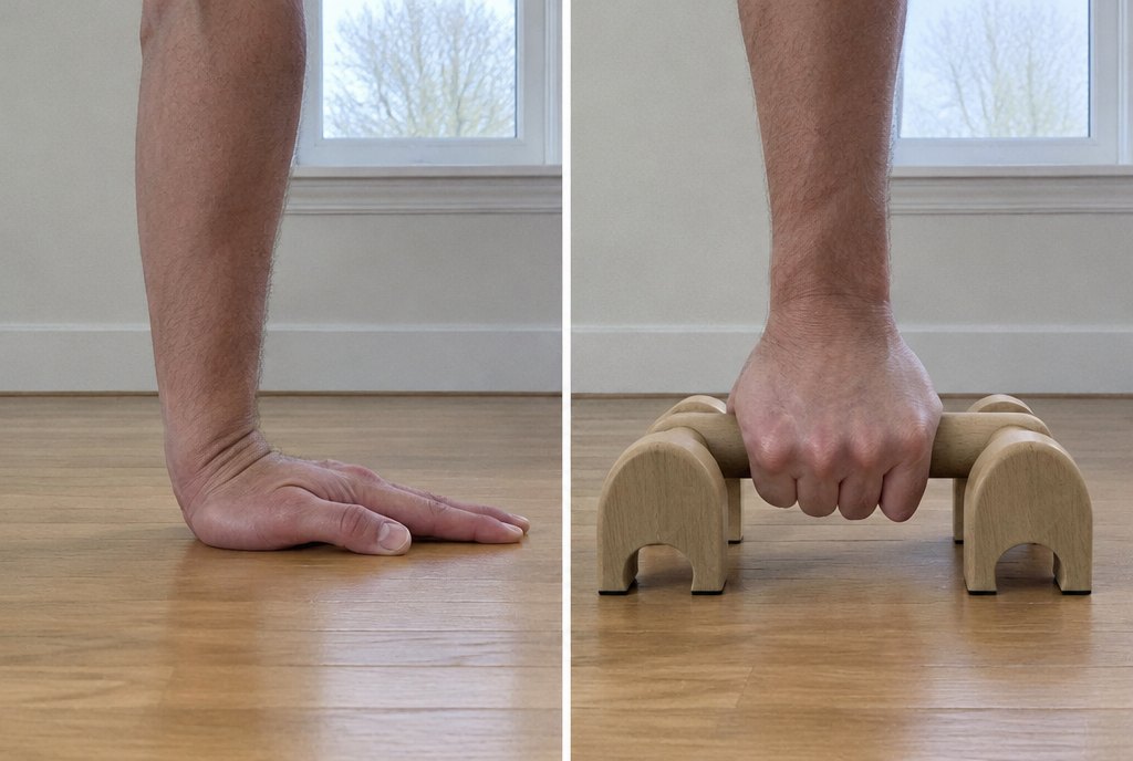 Side by side: a hand flat on the floor with the wrist bent back, and the same hand gripping a low wooden bar with the wrist straight