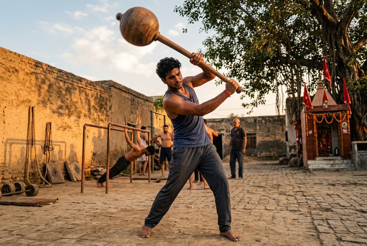 South Asian man swinging a traditional wooden gada mace overhead in an outdoor training courtyard
