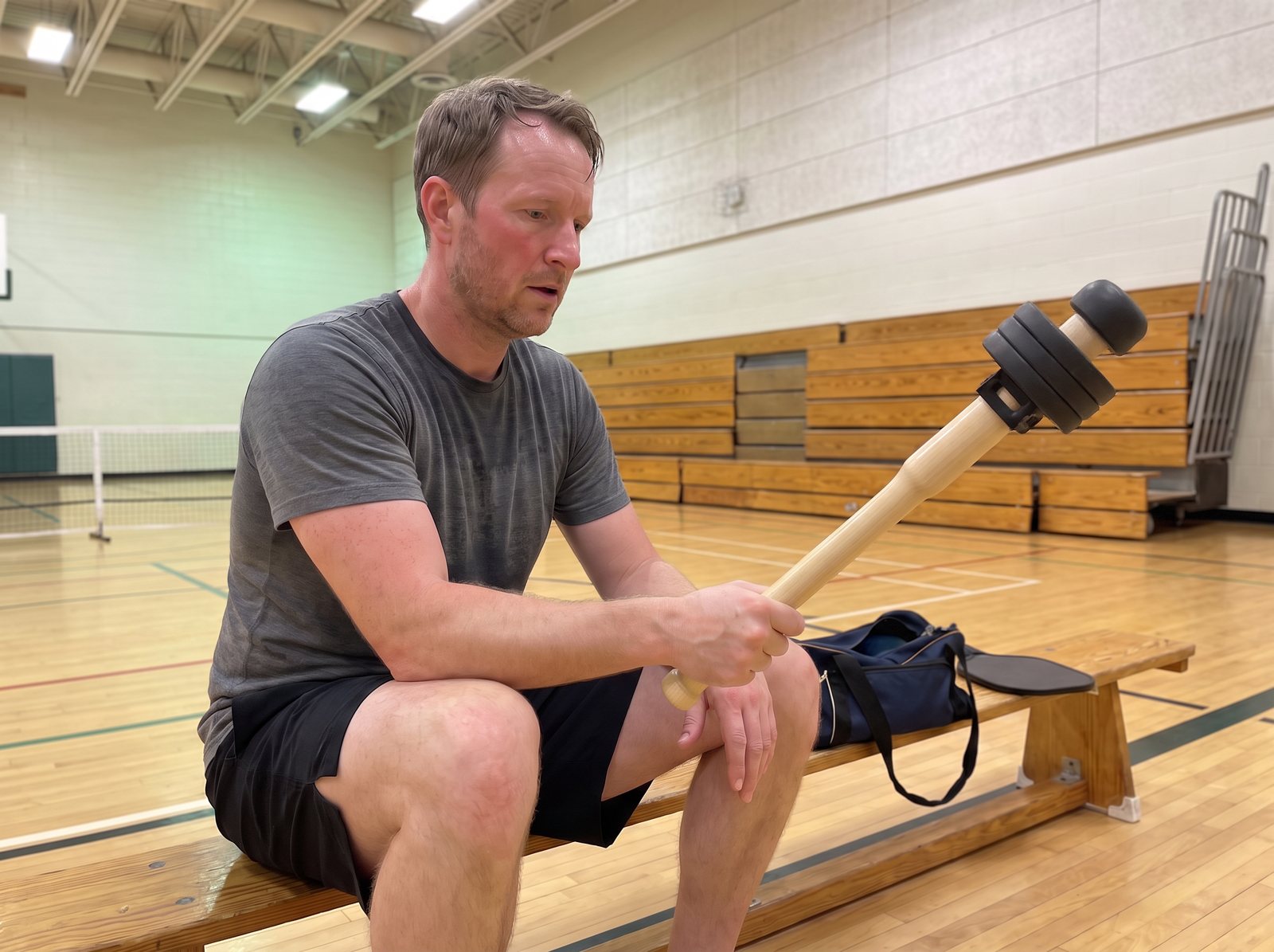 The author on the court bench, forearm on his knee, tipping the wooden EZ-CLUB PRO from the wrist, his bag and paddle beside him