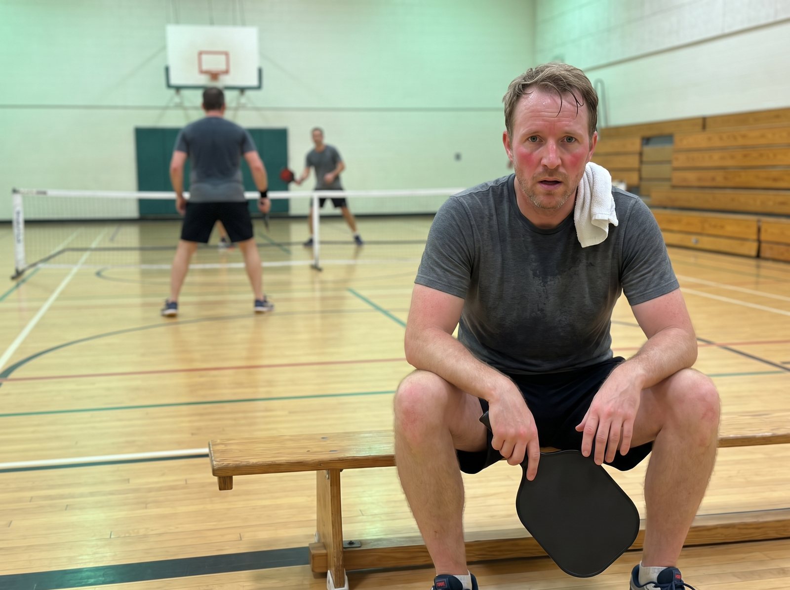 The author sitting on a bench at the edge of an indoor pickleball court after his third game, paddle hanging from his hand, a rally going on behind him